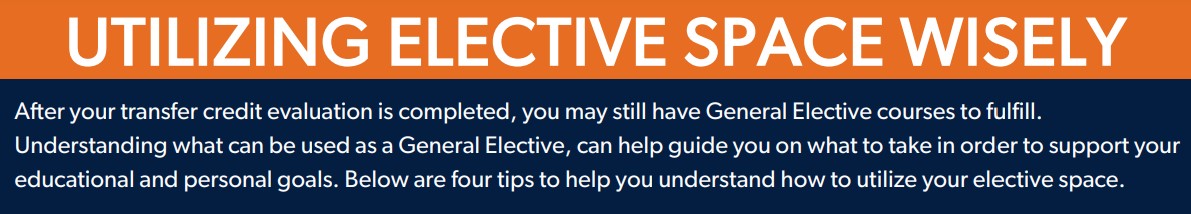 Utilizing Elective Space Wisely: After your transfer credit evaluation is completed, you may still have General Elective Courses to fulfill. Understanding what can be used as a General Elective can help guide you on what to take in order to support your educational and personal goals. Below are four tips to help you understand how to utilize your elective space. Click image for full PDF.