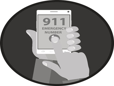 grayscale image of a hand holding a phone that displays "911 emergency number" with the other hand poised to begin the call