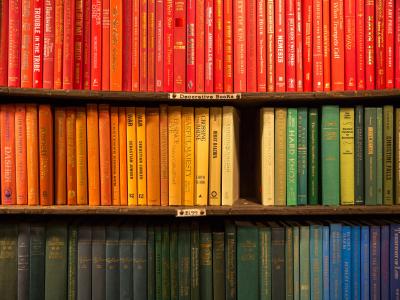 3 shelves of a bookcase with the top shelf full of various red books, a middle shelf of orange, yellow, and green books, and a bottom shelf with green and blue books