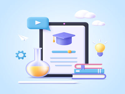 Cartoon of tablet with graduation cap surrounded by a beaker, books, light bulb, and clouds