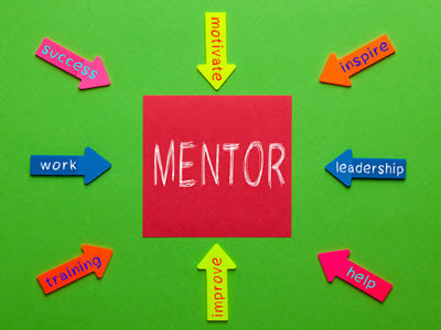 mentor in red box with arrows pointing toward box stating work, success, motivate, inspire, leadership, help, improve, and training.