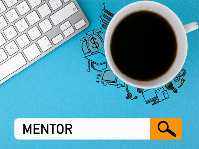 coffee cup outlined in icons beside a laptop keyboard with the word "mentor" typed into a search bar at the bottom of the image