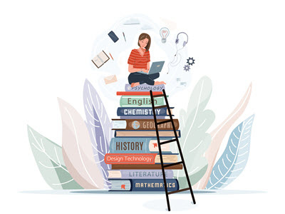 a person sitting with a laptop on top of a stack of books with a ladder