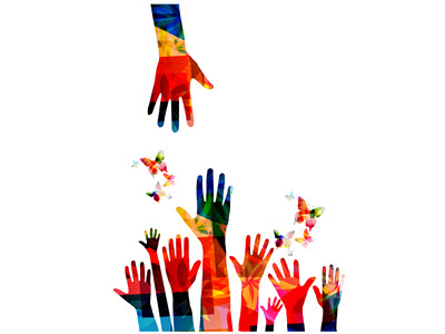 a group of multi-colored hands reaching up to a hand reaching down with butterflies in between the hands