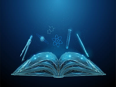 illuminated open book with scientific instruments floating above