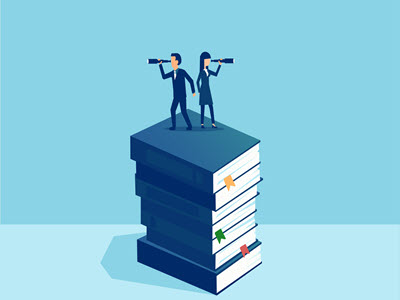 two people, each looking out with a monocular, standing atop a stack of books on a blue background