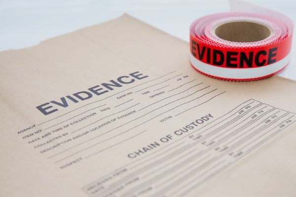 evidence tape on evidence and chain of custody bag