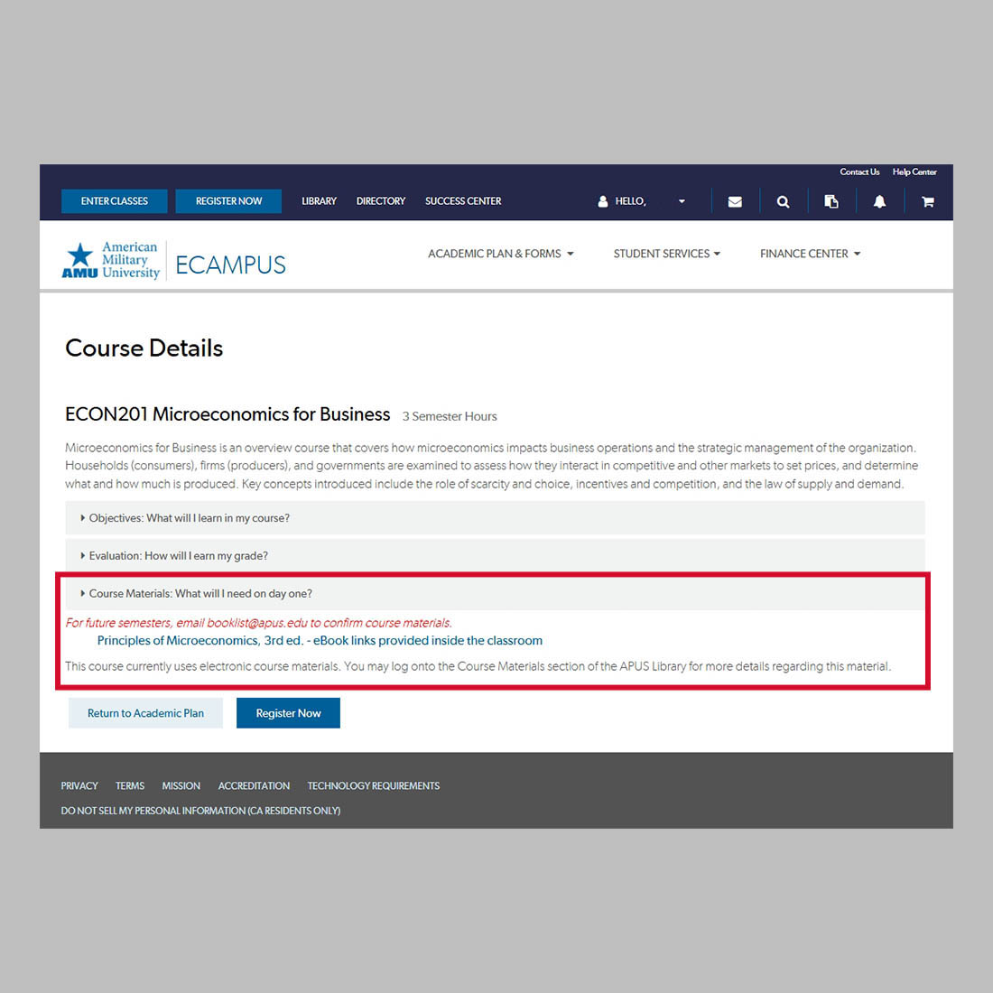 ecampus course requirements screenshot