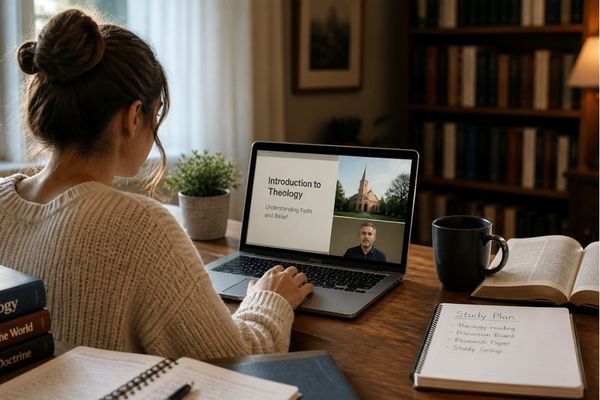 student attending theology class online