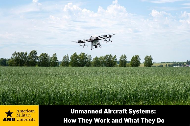 unmanned-aircraft-systems drone hovering above field