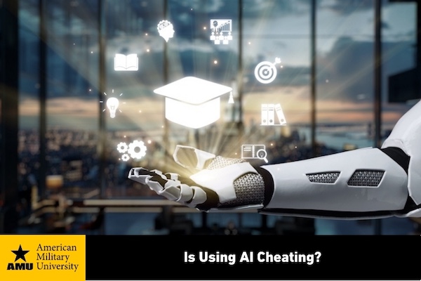 Weaver AMU is using AI cheating branded AI icons floating above robotic arm