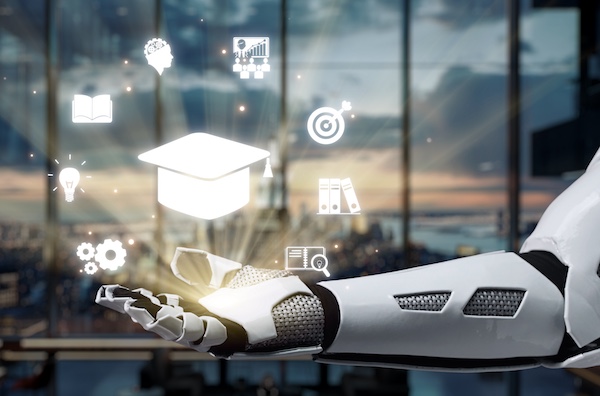 AI icons floating above robotic arm