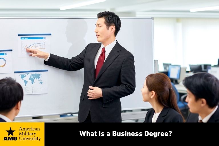business degree graduate presenting data
