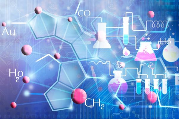 health sciences background with chemical formulas, lab equipment icons, and molecular structures