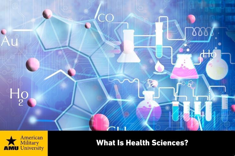health sciences background with chemical formulas, lab equipment icons, and molecular structures